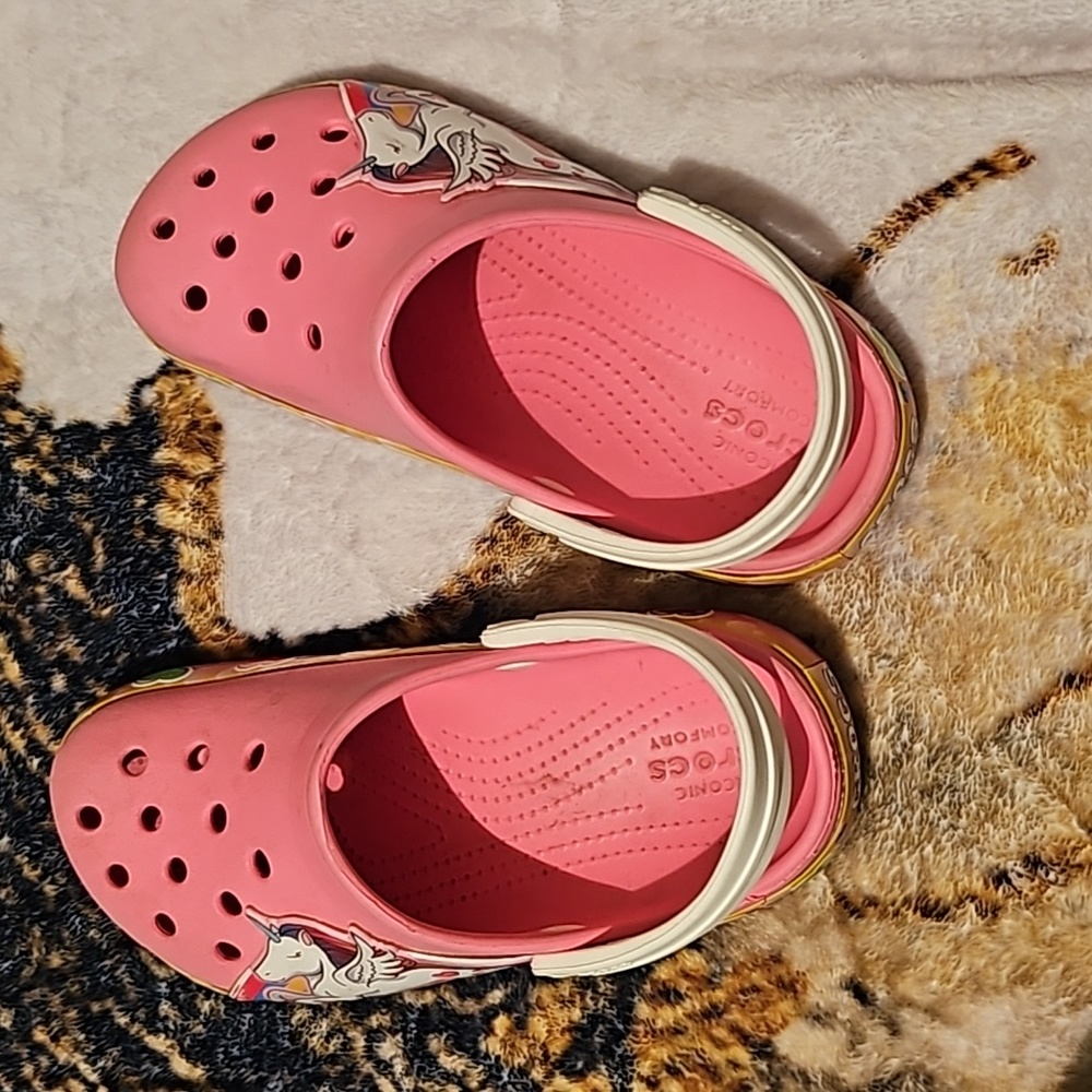 Girl's Crocs, size 13, pink, rainbow colors with a Unicorn